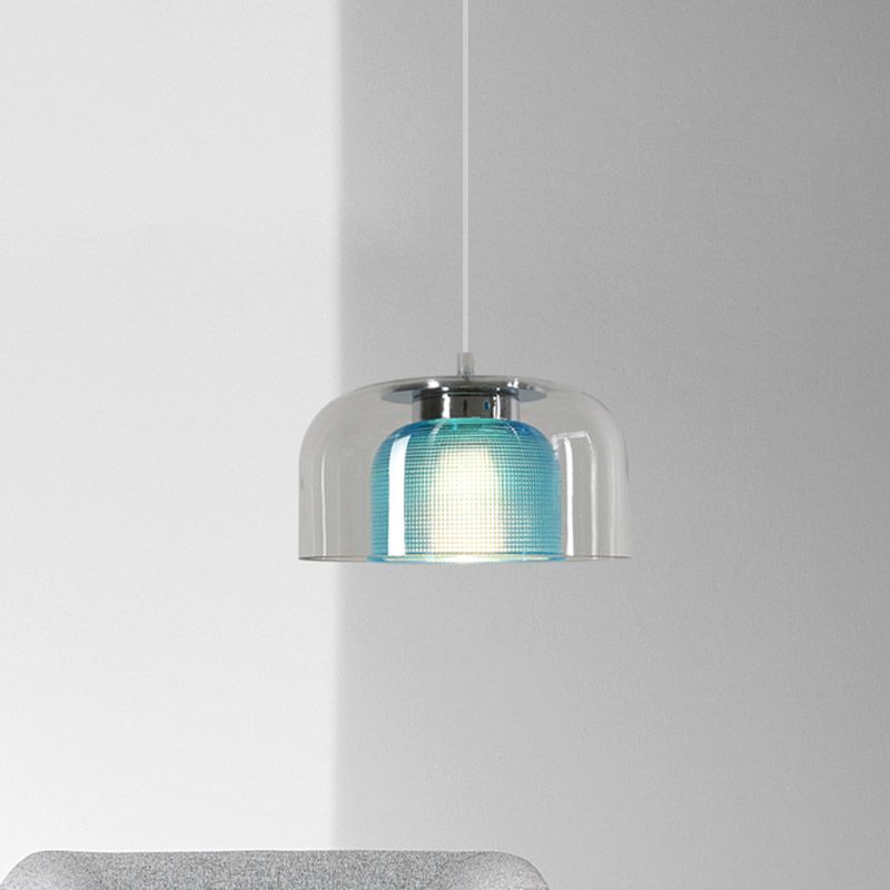 Bowl Restaurant Drop Pendant Light Clear and Blue Latticed Glass 1 Light Modernism Suspension Lamp