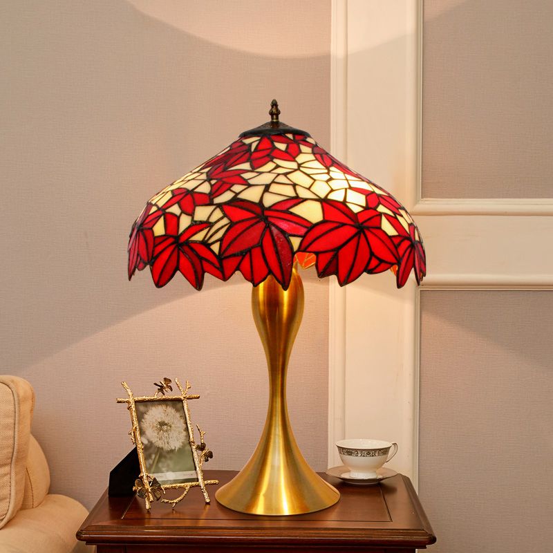 Lampe de bureau de bol à bord à feuilles traditionnelles 1 ampoule artisanale la nuit de nuit en vitrail avec chaînes de traction en rouge