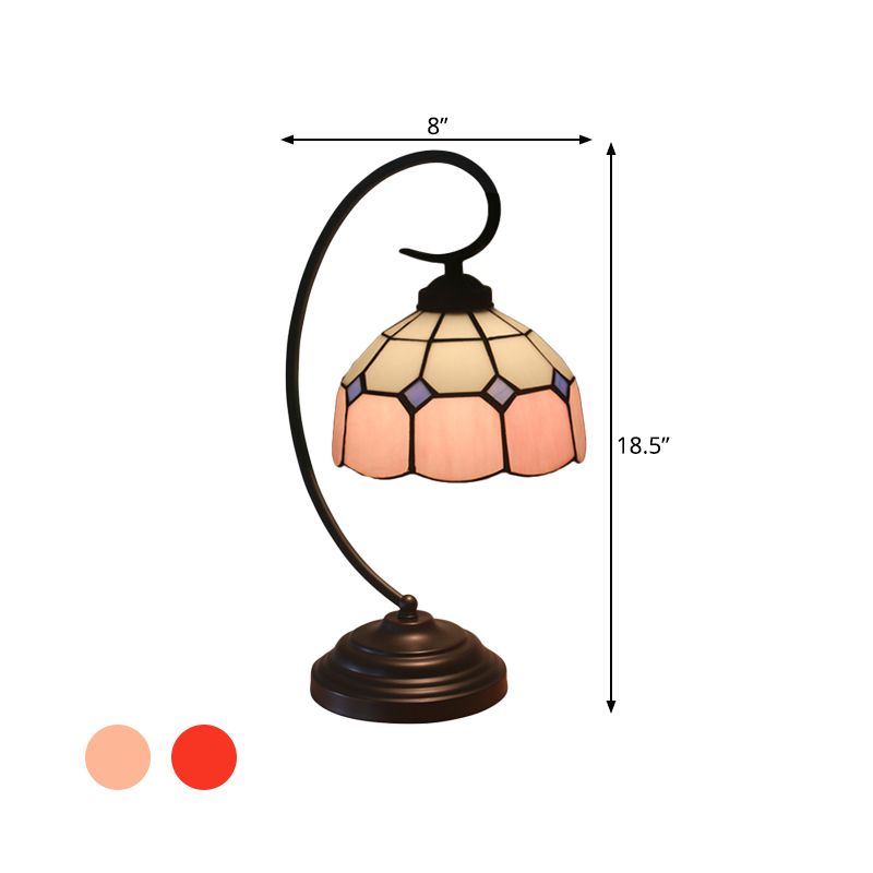 Domed Night Light Tiffany Hand Cut Glass 1 Head Red/Pink Grid Patterned Nightstand Lamp with Curved Arm