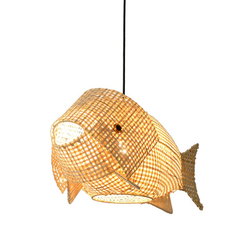 Beige Fish Shaped Suspension Pendant Modern 1 Light Bamboo Ceiling Light for Restaurant