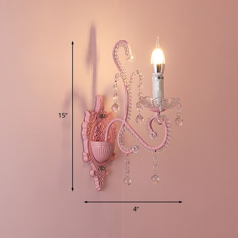 Metallic Scroll Arm Wall Lamp Modernist 1/2 Lights Wall Light with Crystal Orb Deco in Pink