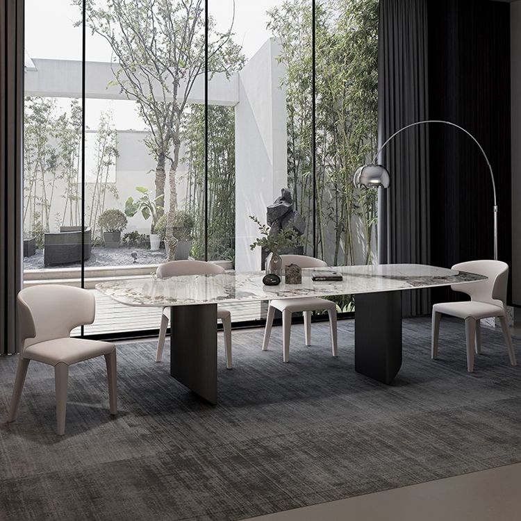 Rectangular Stone Dining Table Modern Green White Gold Furniture with Double Pedestal