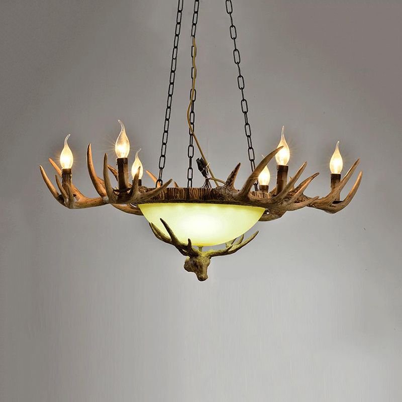 Candle Glass Ceiling Lamp Traditional 6-Head Living Room Chandelier Pendant Light in Brown