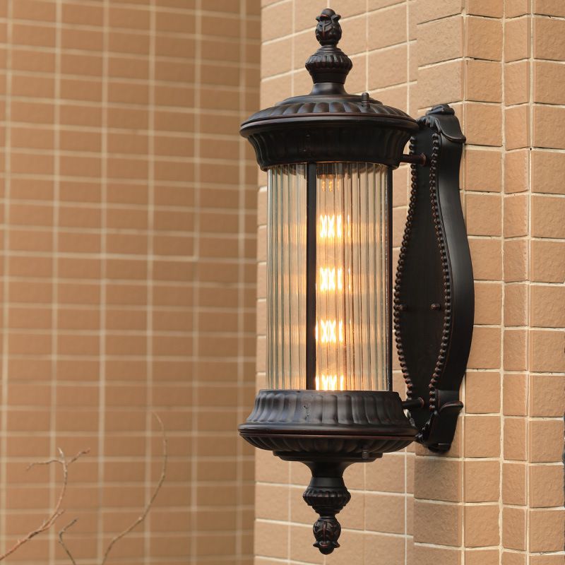 Black 1-Light Wall Sconce Lamp Country Clear Ribbed Glass Cylindrical Wall Lighting Ideas