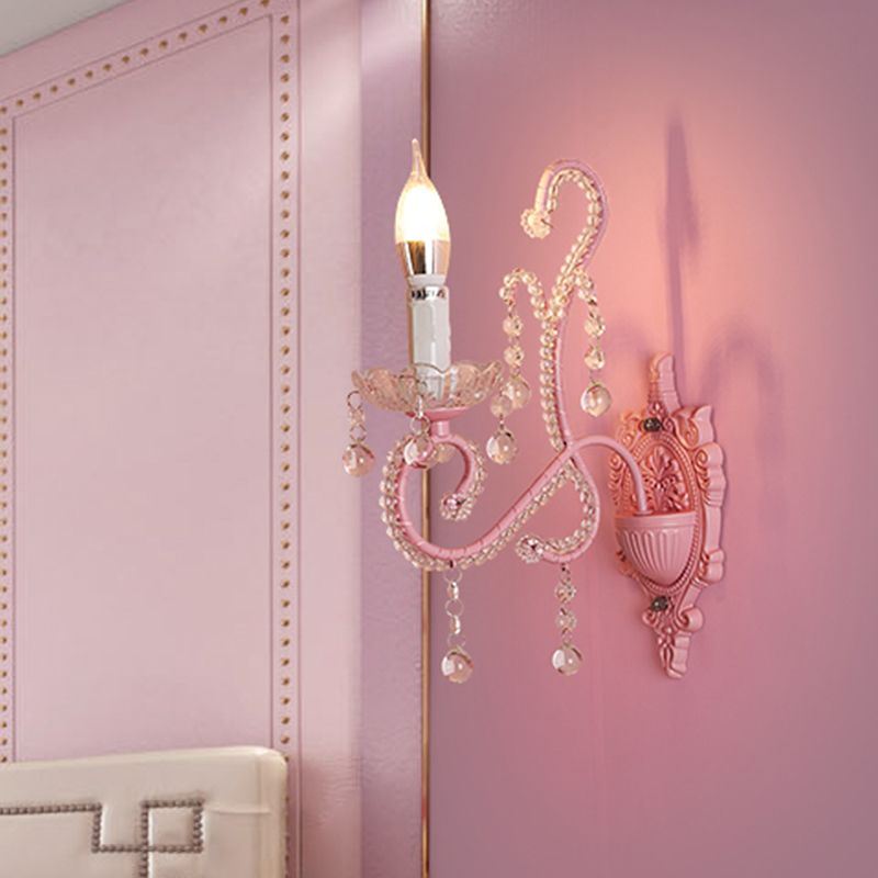 Metallic Scroll Arm Wall Lamp Modernist 1/2 Lights Wall Light with Crystal Orb Deco in Pink