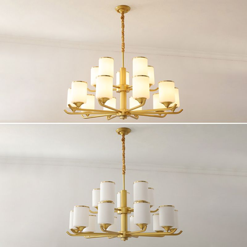 Gold Modern Simplicity Metal Chandelier Cylindrical Grosted Glass Shade Multi-Lights Prowing Lampe pour le salon