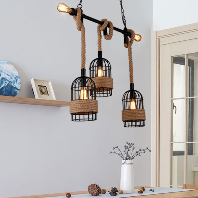 3 - Light Industrial Kitchen Island Lighting Metal & Hemp Rope Ceiling Fixture in Black