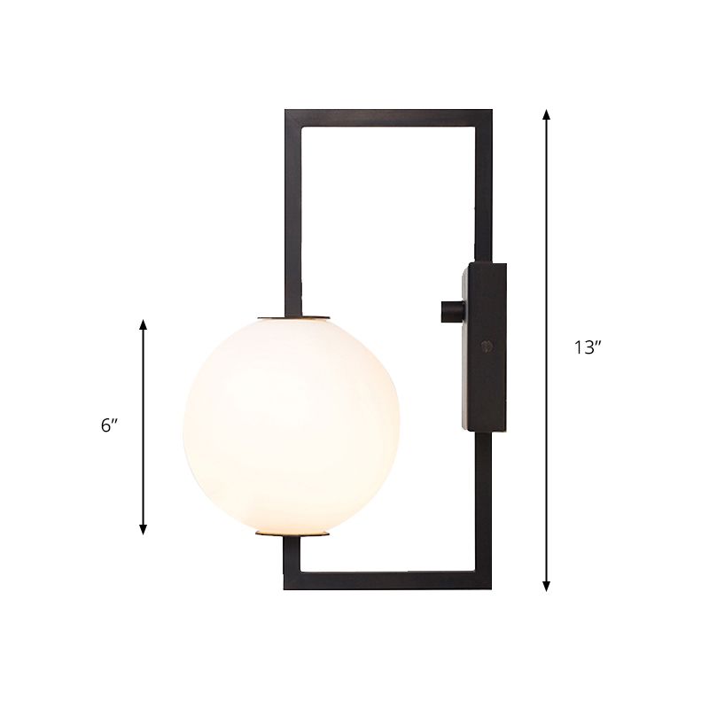 Marco rectangular negro aplique moderno estilo 1 bulbo iluminación de pared de metal con tono de orbe de vidrio blanco