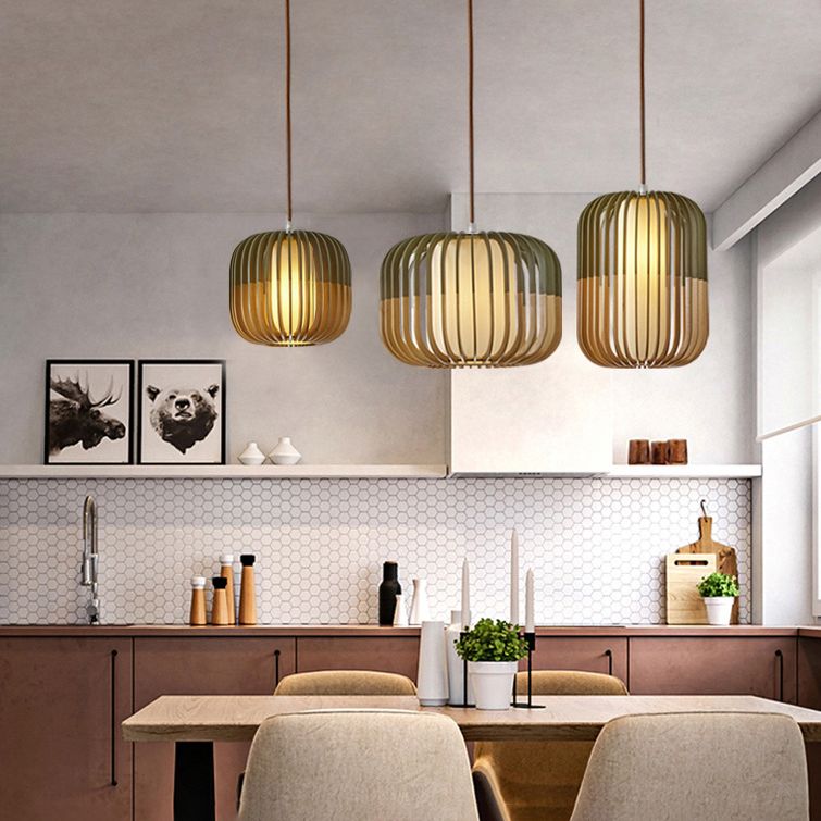 Green Color-Block Lantern Pendant Lamp Modern 1 Head Wooden Hanging Light for Dining Room