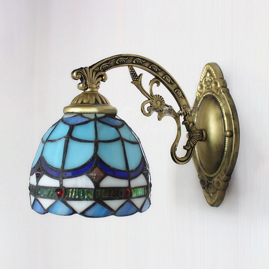 Stained Glass Domed Wall Lamp with Carved Arm 1 Light Tiffany Traditional Wall Lamp in Blue