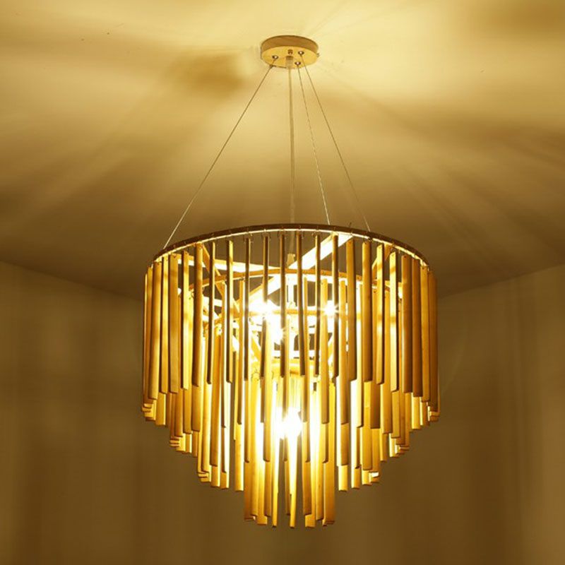 Tiered Chandelier Pendant Light Contemporary Bamboo 4 Heads Yellow Hanging Lighting for Restaurant