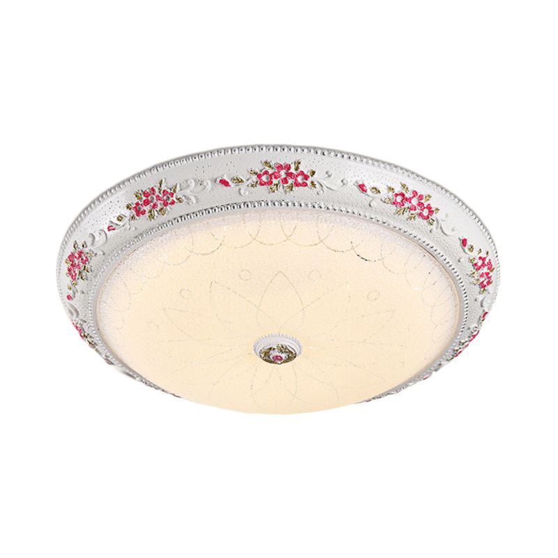 12"/16" W Carved Rose Bedroom Flush Lighting Korea Countryside Resin LED White and Pink Flush Lamp with Frosted Glass Shade