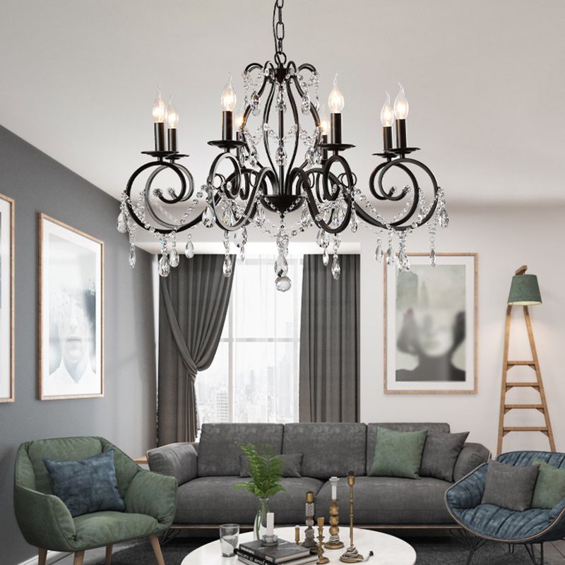 Retro Candlestick Chandelier Iron Hanging Lamp with Crystal for Living Room