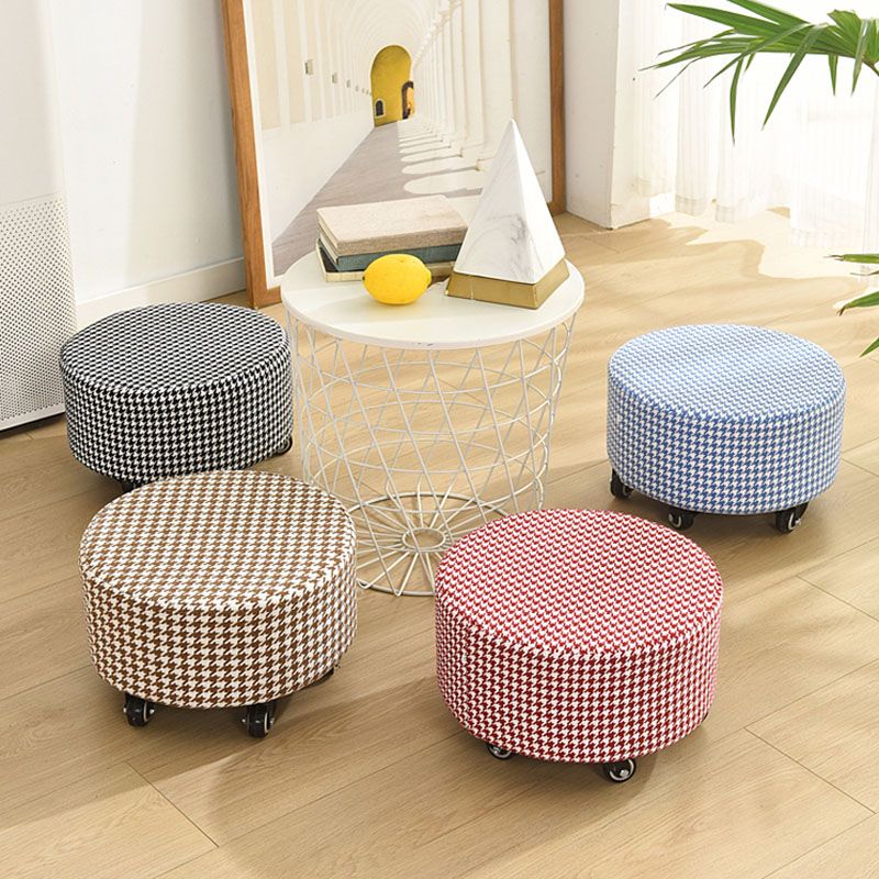 Cotton Blend Ottoman Houndstooth Pattern Fade Resistant Round Ottoman with Wheels