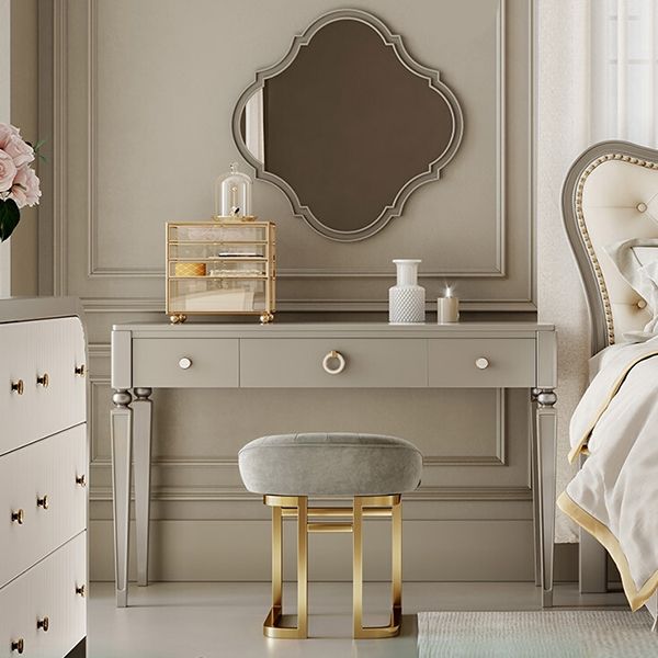 Gray Solid Wood 3-Drawer Makeup Vanity Desk Table with Stool Set