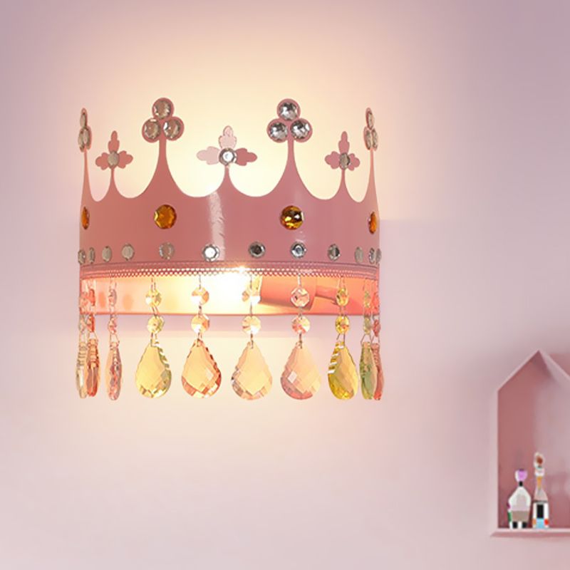 Crown Sconce Light Fixture Cartoon Iron LED Pink/Gold Wall Mount Light with Crystal Drop Deco