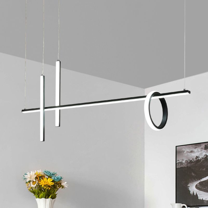 Black Linear Island Light Modern LED Metallic Pendant Lighting with Dual Lines and Ring