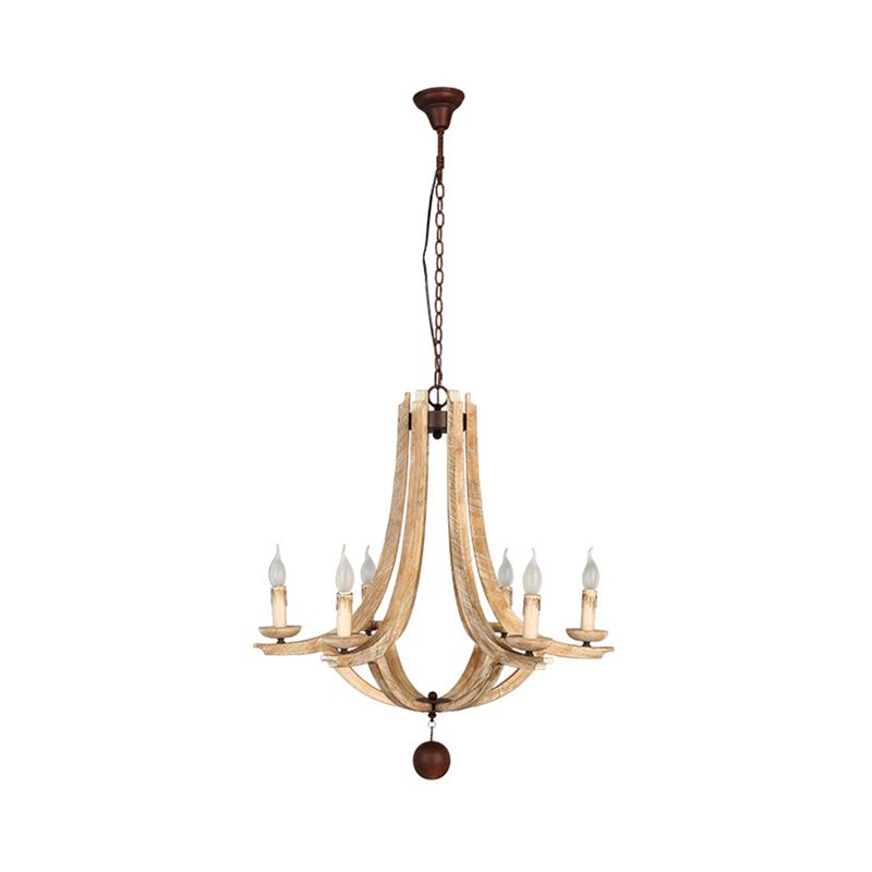 Rustic Laser-Cut Hanging Chandelier Wood 6 Bulbs Suspension Light in Beige for Bedroom