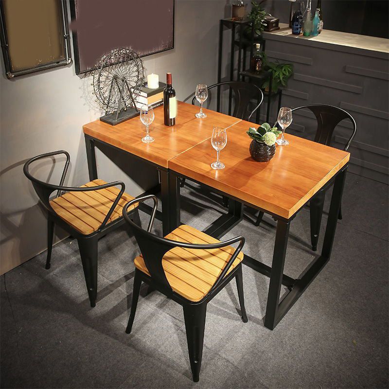 Industrial Indoor Dining Table Brown Wood Top Table with Metal Frame