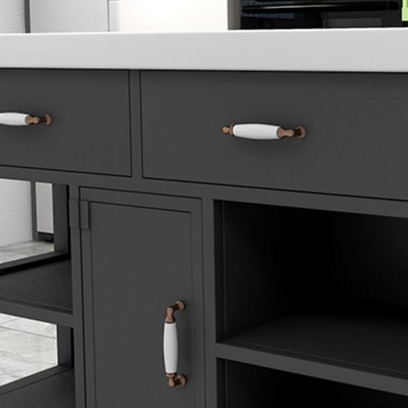 Faux Marble Rectangular Kitchen Island Cart with Black Metal Base