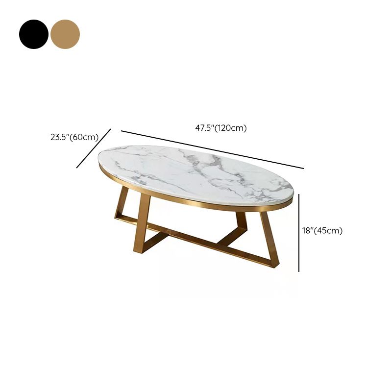 Glam Metal Cross Legs Coffee Table Faux Marble Oval Coffee Table