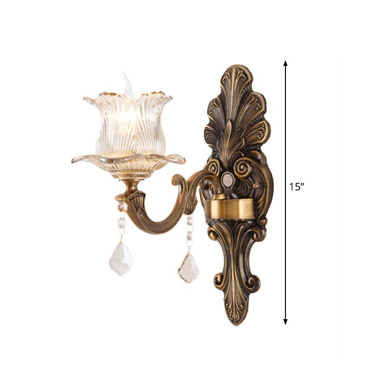 Single Wall Mounted Light with Flower Shade Clear Prismatic Glass Traditional Bedside Wall Lamp in Antique Brass