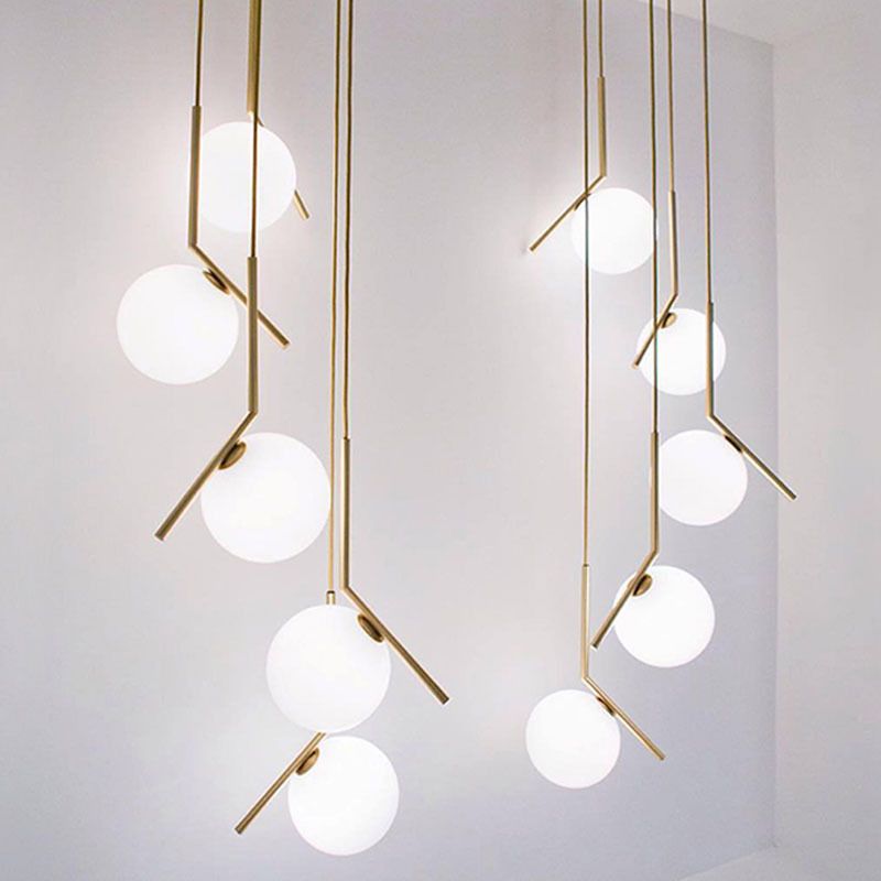 Minimalist Sphere Multi Light Pendant Opal Glass Living Room Suspension Lamp with Metal Arm