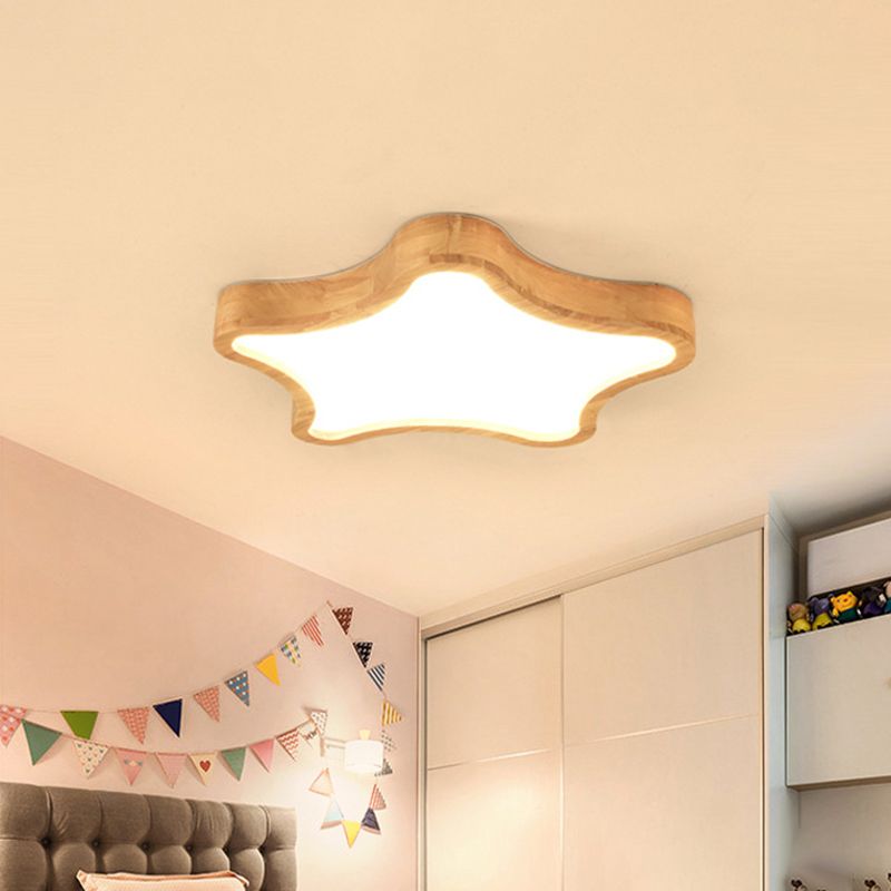 Minimalist Cloud/Star Ceiling Lighting Wooden Childrens Bedroom LED Flush Mount Lamp in Beige, 21"/25"/29.5" Width