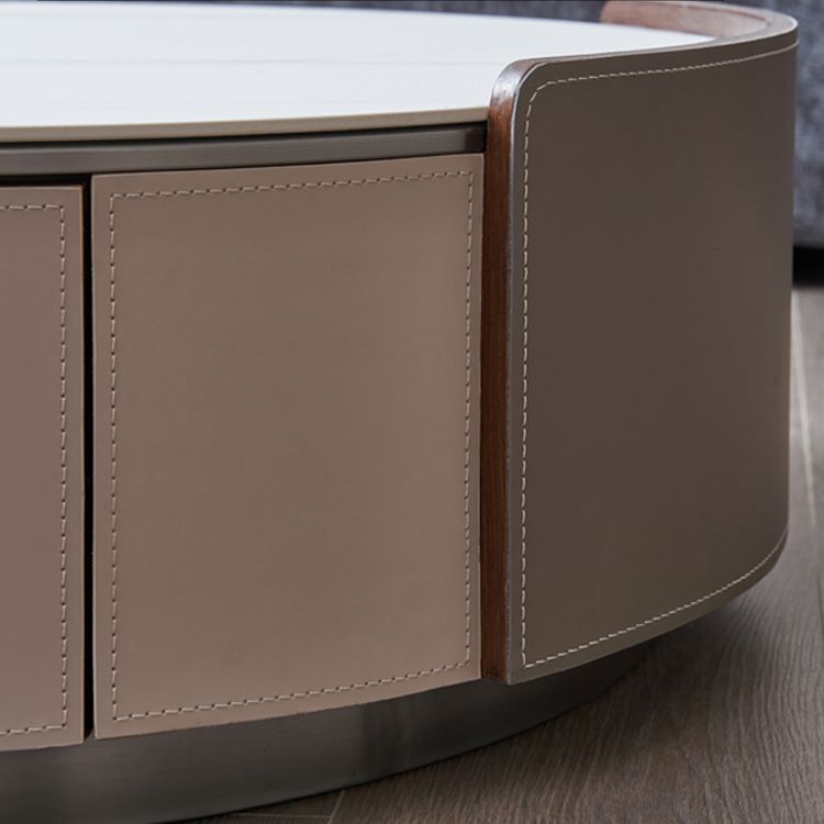 Slate and Leather Drum Coffee Table Modern Round Cocktail Table Set with Storage