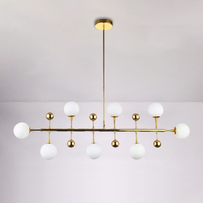 Hotel Ball Shade Linear Chandelier Opal Glass 8 Lights Modern Gold Ceiling Pendant