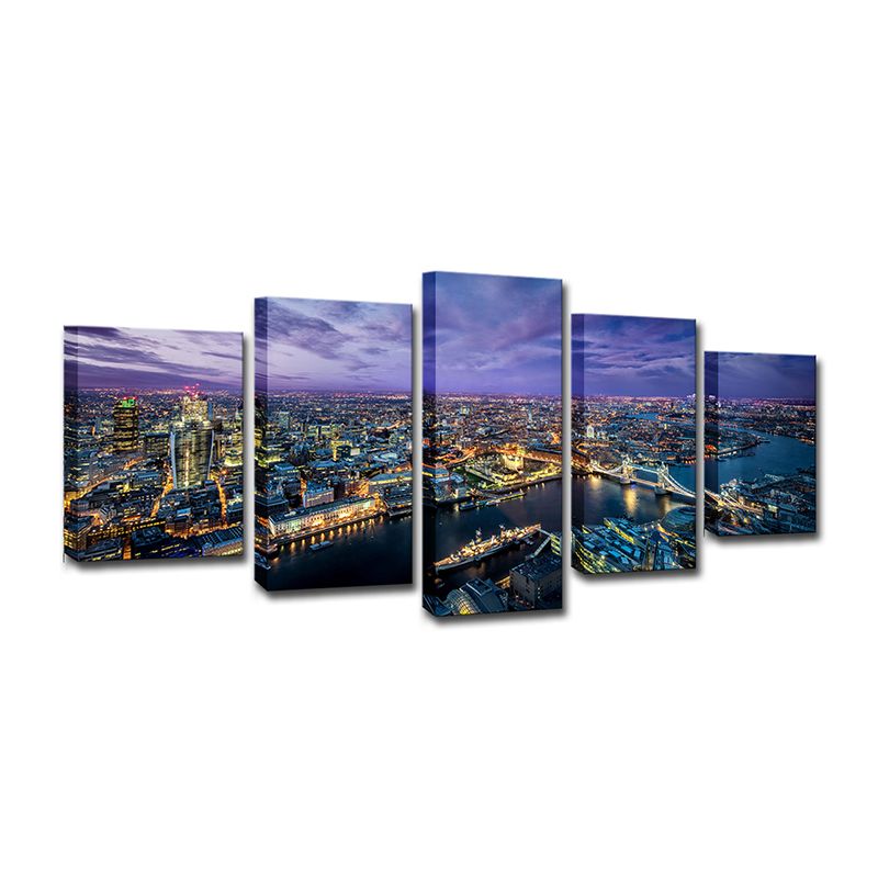 Purple Modernist Art Print Western Europe City Night Scene Canvas for Sitting Room