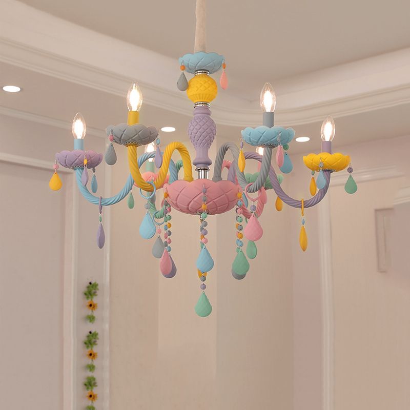 Girl Bedroom Candle Pendant Light Multi-Color Glass Macaron Chandelier