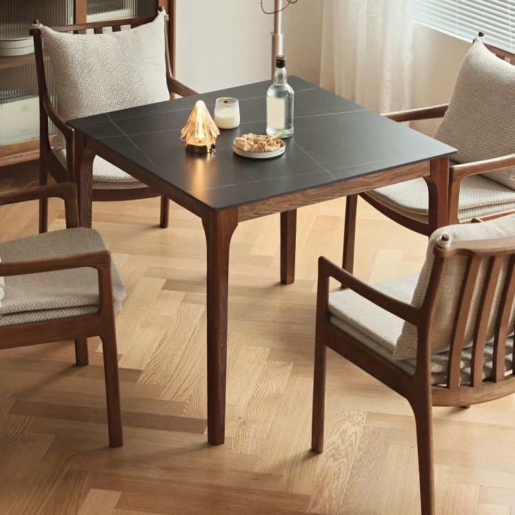 Modern Stone Top Dining Table Square Tabletop with Solid Wood Legs