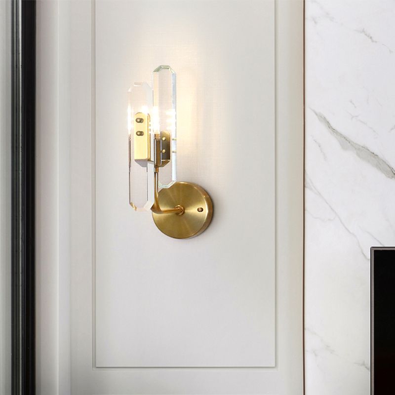LED Living Room Sconce Light with Block Crystal Shade Postmodern Brass Wall Mounted Lamp