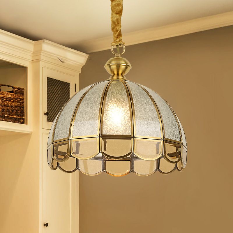 Dome Dining Room Pendulum Light Antique Textured Glass 1 Head Gold Pendant Light with Scalloped Edge