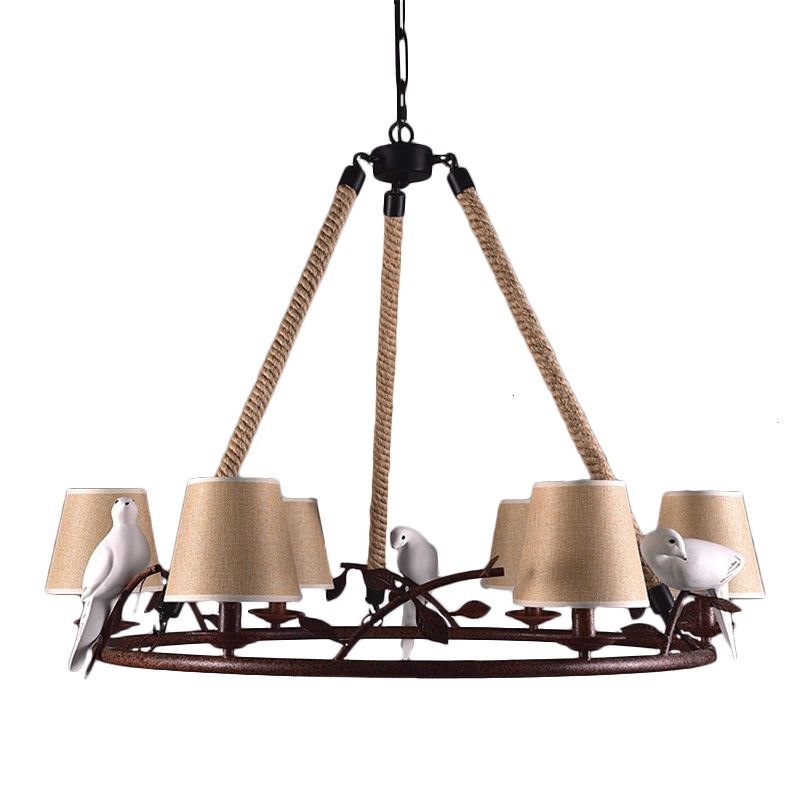 Wheel Metal Chandelier Lighting Vintage 6 Lights Dining Room Pendant Lighting in Rust with Tapered Fabric Shade