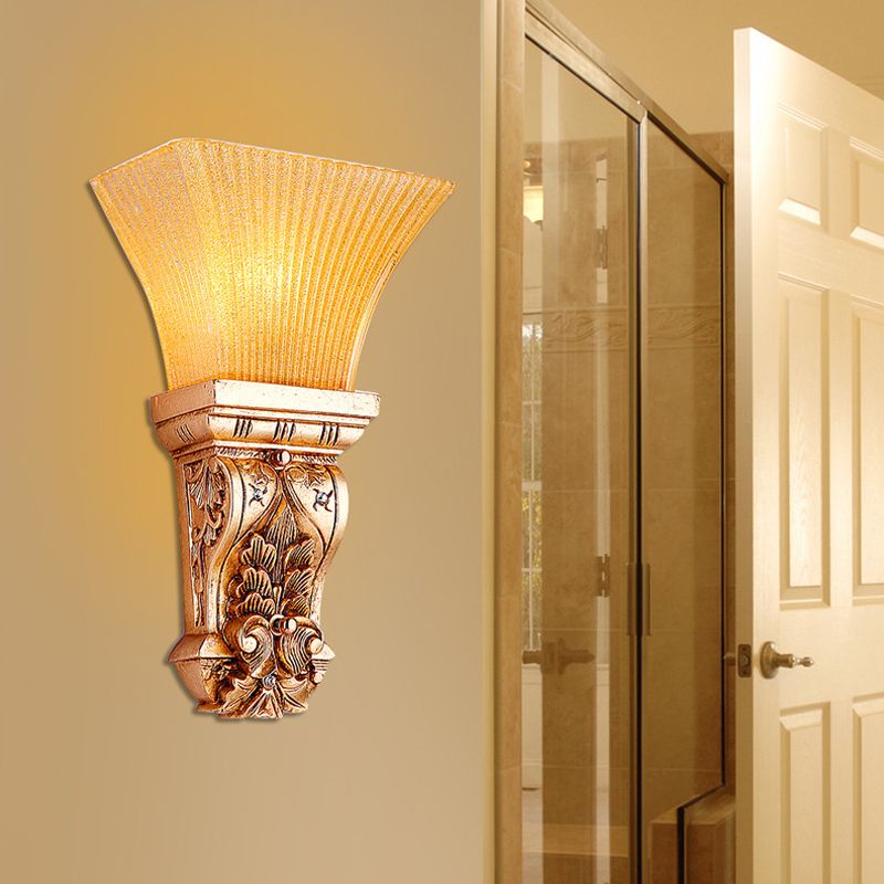Gold 1-Head Wall Mount Lamp Loft Style Amber Fluted Glass Trapezoid Wall Lighting Fixture