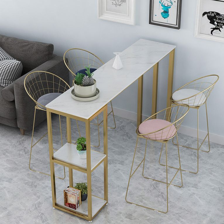 White Stone Top Pub Table with Storage Glam Bistro Table for Living Room