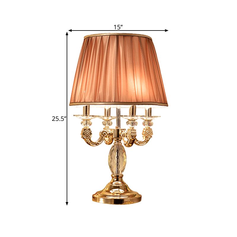 Metal Candelabra Shaded Table Light Traditional 4 Heads Sleeping Room Nightstand Lamp in Gold with Crystal Raindrops