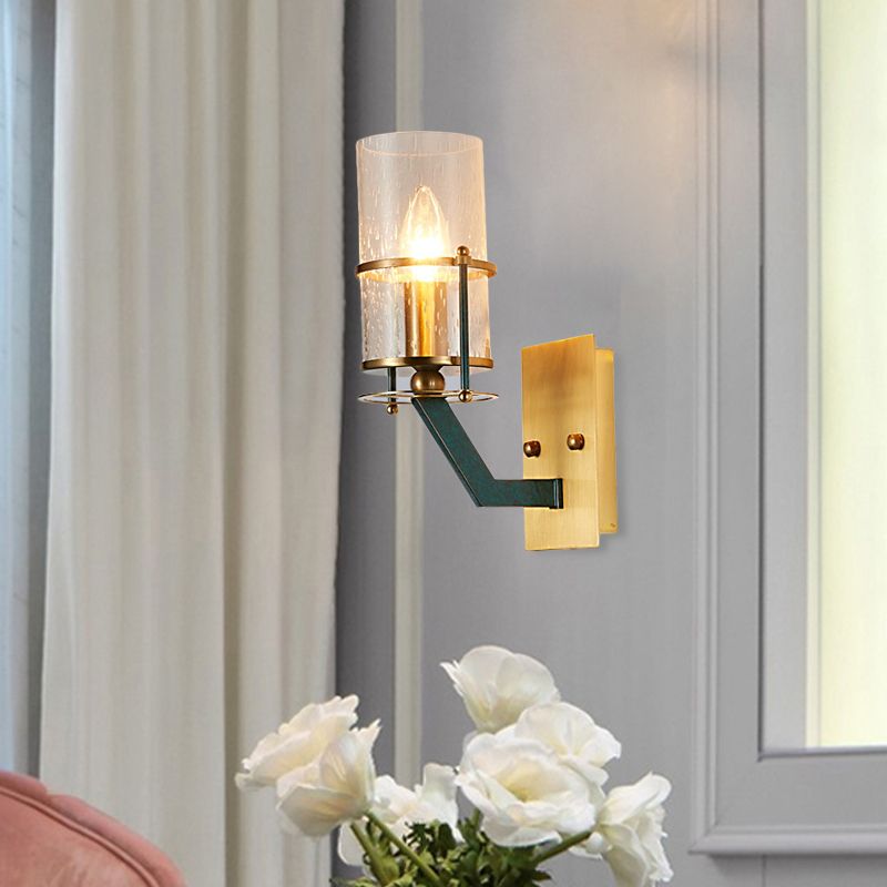 1 Bulb Wall Sconce Lighting Vintage Indoor Wall Mount Lamp Fixture with Cylinder Seeded Glass Shade in Brass