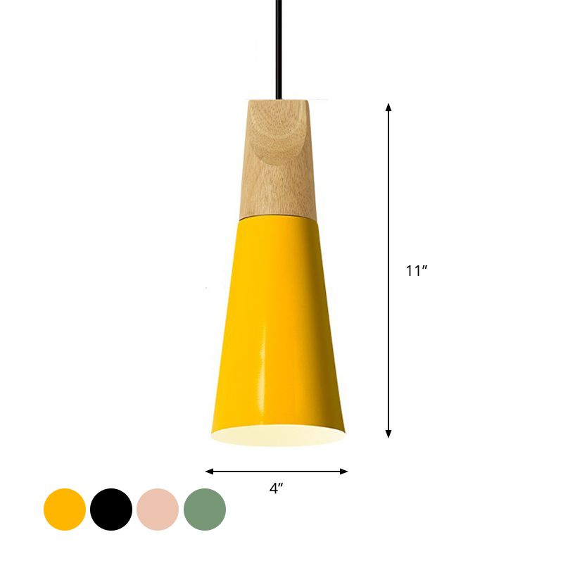 Lampada di sospensione in mini cono in alluminio Macaron a bulbo singolo Luce a sospensione in nero/rosa/verde e legno