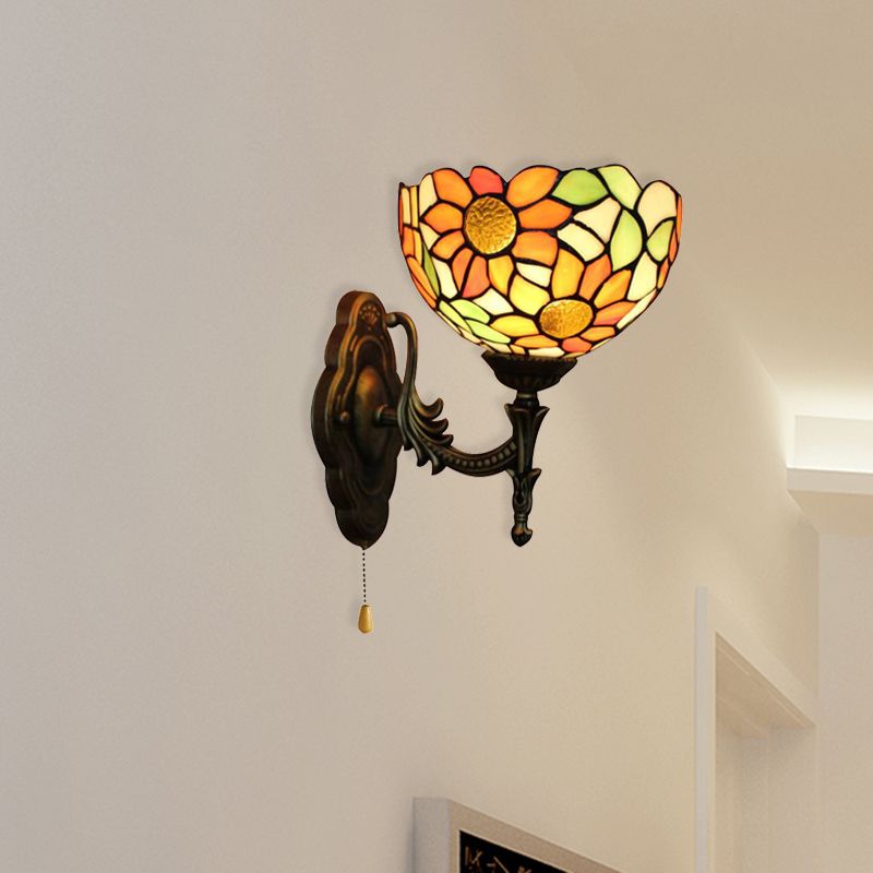 Stained Glass Sunflower Sconce Light 1 Light Rustic Tiffany Wall Lamp in Orange for Library