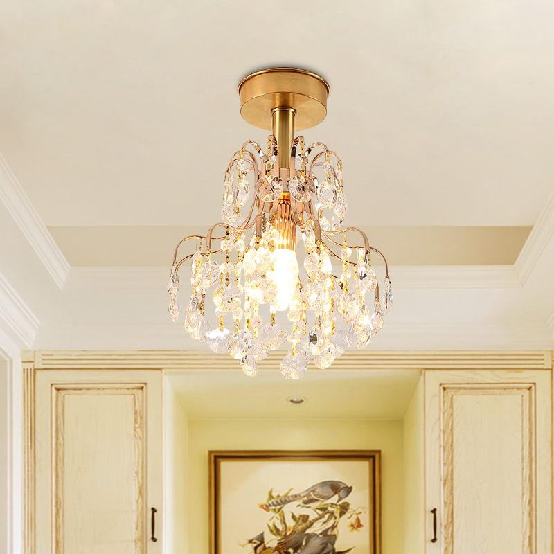 Modern 1 Light Semi Flush Light Brass Teardrop Close to Ceiling Lamp with Crystal Shade for Corridor