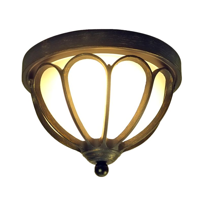 LED Ceiling Light Fixture Rustic Bowl Cream Glass Flush Mount Lamp in Black with Metal Cage