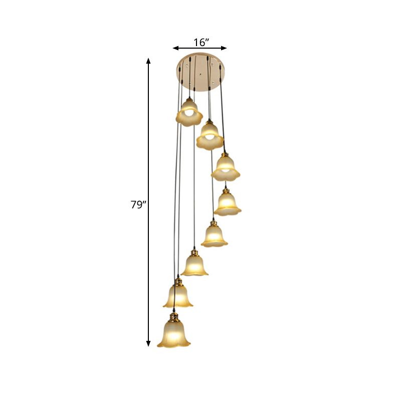 8 Heads Ceiling Lamp Contemporary Living Room Multi Light Pendant with Flower White Glass Shade