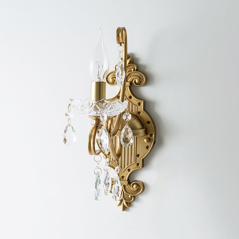 1/2-Light Candlestick Wall Sconce Antiqued Gold Iron Wall Mount Lamp with Crystal Drape