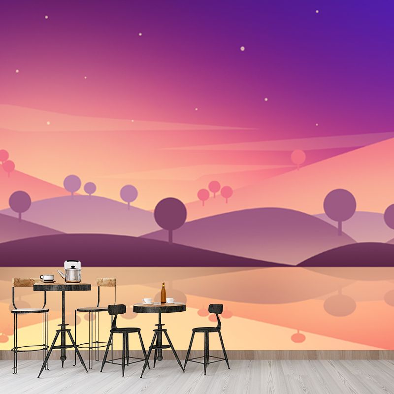 Purple-Yellow Night Scene Mural River and Hills Modern Waterproof Wall Art for Bedroom