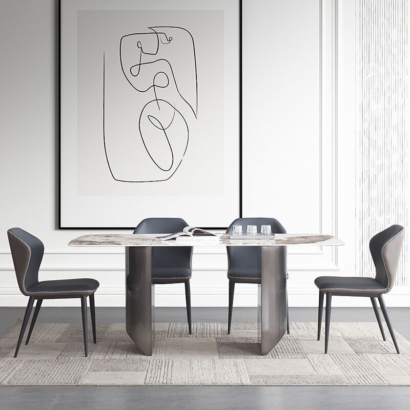 Sintered Stone Modern Rectangle Table Modern Kitchen Table with Double Pedestal in Grey