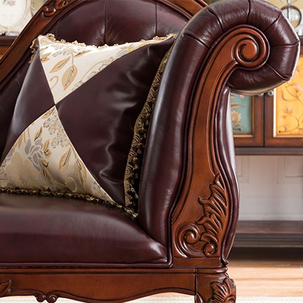 Traditional Brown Genuine Leather Chaise Rolled Arms Tufted Accent Chair