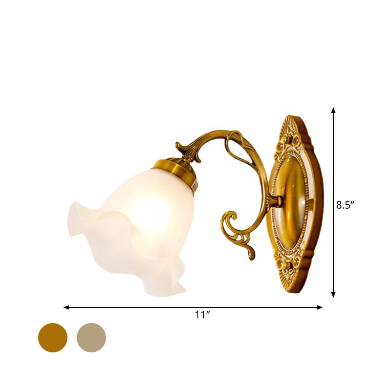 1 Light Opal Glass Wall Lighting Idea Traditional Brass/Bronze Finish Flower Indoor Wall Mount Lamp
